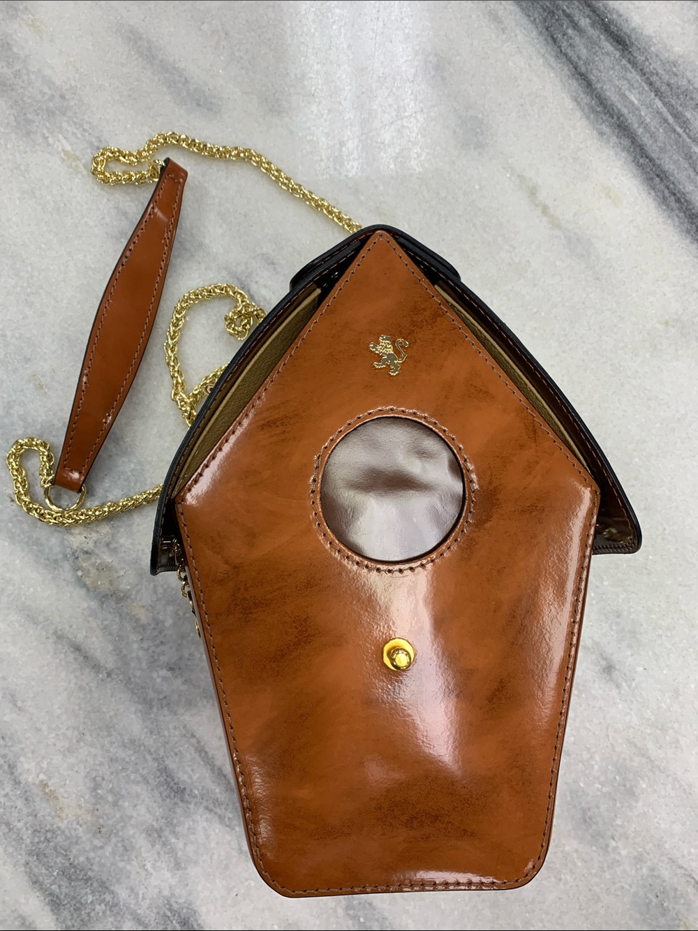 Pratesi Firenzi Brown Gloss Leather Birdhouse Crossbody Bag with Gold Chain